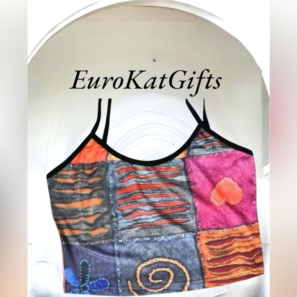Edgy Y2K Cropped Tank Top spaghetti straps colorful pink black patchwork print